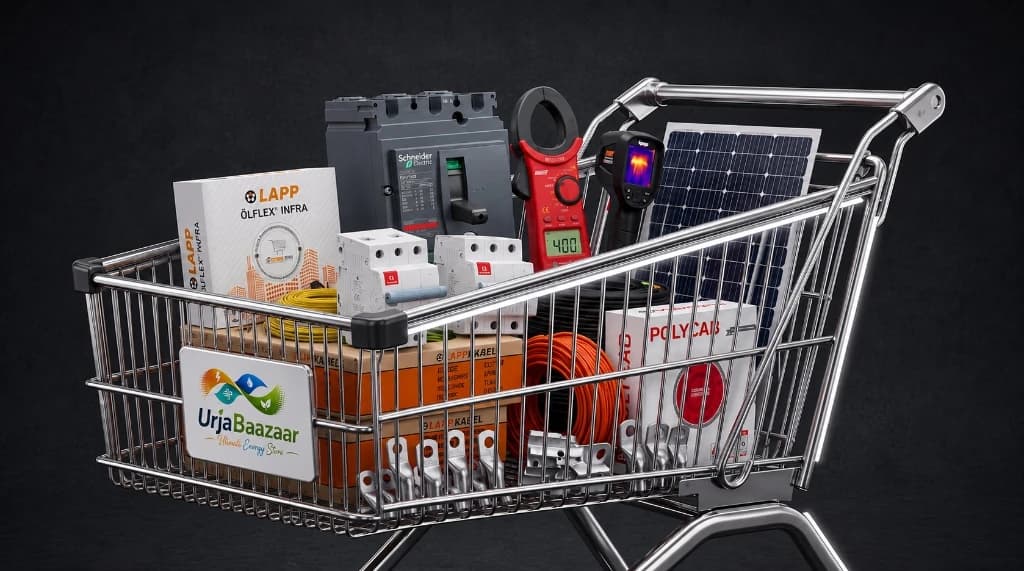 UrjaBaazaar 3D Shopping Cart loaded with solar panels, Schneider switchgear, LAPP ÖLFLEX cables, Polycab wires, and thermal camera